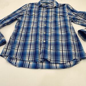 Perry‎ Ellis SHIRT Slim Fit Casual Button-Up MENS Sz XL Blue Plaid Long Sleeve